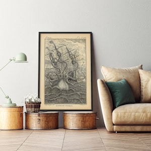 Octopus Print, Framed art, Octopus Poster, Giant Octopus Poster, Beach Print, Vintage Octopus Wall Decor, Nautical Decor, Gift for Men