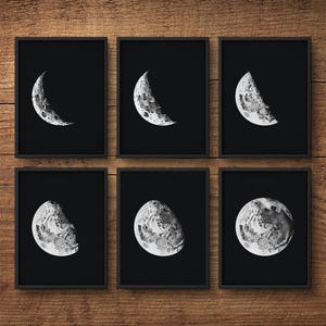 Mondphasen 6er Set, Mondphasen Wandkunst, Mondphasen Drucke, Mond Poster, Mond Wandkunst, Astronomie Drucke, Große Wandkunst