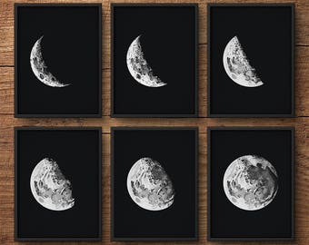 Moon Phases Set of 6, Moon Phases Wall Art, Moon Phases Prints, Moon Prints, Moon Posters, Moon Wall Art, Astronomy Prints, Large Wall Art