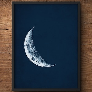 May include: A crescent moon with a detailed surface texture is depicted against a dark blue background. The moon is white and appears to be glowing.