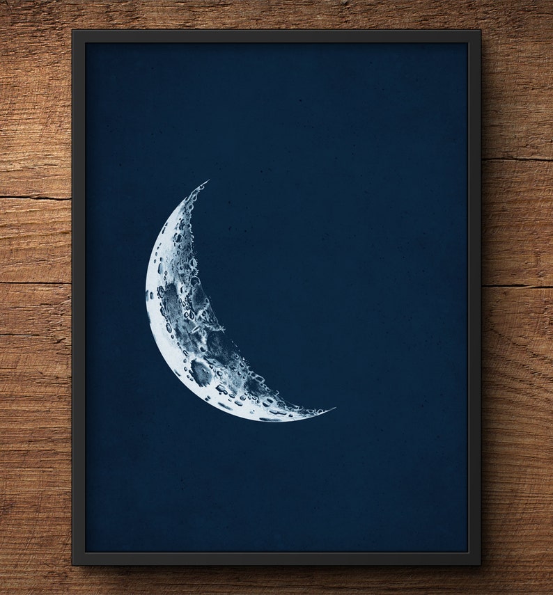 May include: A crescent moon with a detailed surface texture is depicted against a dark blue background. The moon is white and appears to be glowing.