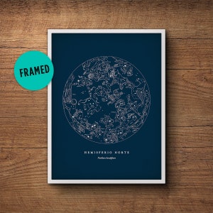 Star Map Print, Enmarcado, Carta Estelar del Hemisferio Norte, Impresión de Constelaciones, Mapa Estelar, Arte de pared celestial, Póster de astronomía, Decoración náutica