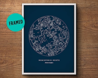 Star Map Print, Enmarcado, Carta Estelar del Hemisferio Norte, Impresión de Constelaciones, Mapa Estelar, Arte de pared celestial, Póster de astronomía, Decoración náutica