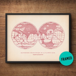 Mars Kaart, Ingelijste Mar van Mars, Kaart van planeet Mars, Mars Print, Astronomie Poster, Zonnestelsel Print, Astronomie Kamer Decor, Grote Print