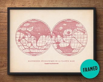 May include: Framed vintage map of Mars in a black frame. The map is a two-part globe design with red and pink details, featuring continents and geographical markings. The text "MAPPEMONDE GÉOGRAPHIQUE DE LA PLANÈTE MARS" is visible. A green circle with the word "FRAMED" is in the bottom right corner.