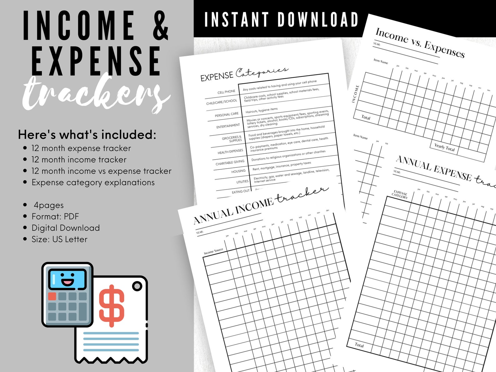 Printable 12 Month Income and Expense Calendar (Instant Download) - Etsy