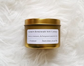 Lemon Rosemary Soy Candle, Soy Candle, Vegan Candle, Detox Candle, Travel Candle, Essential Oil Candle, Housewarming Gift, Aromatherapy Gift