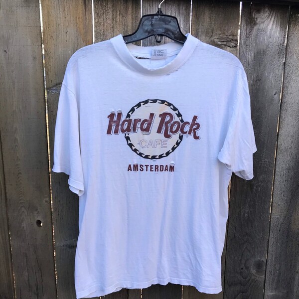 90s Thrashed AMSTERDAM Hard Rock Cafe Shirt / Vintage HARD ROCK Cafe Souvenir Tee 420 Stoner Weed Party Shirt Size Large