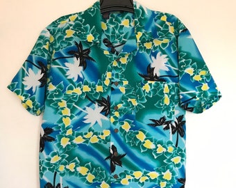 80s HAWAIIAN Shirt / Vintage ROUNDY BAY Palm Tree Tropical Beach Party Boating Island Life Floral Lightweight Polyester Shirt Mens Large