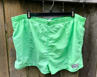 90s SURF GEAR Swim Trunks / Vintage Neon Green Beach Pool Party Swimming Shorts Waist Size 40