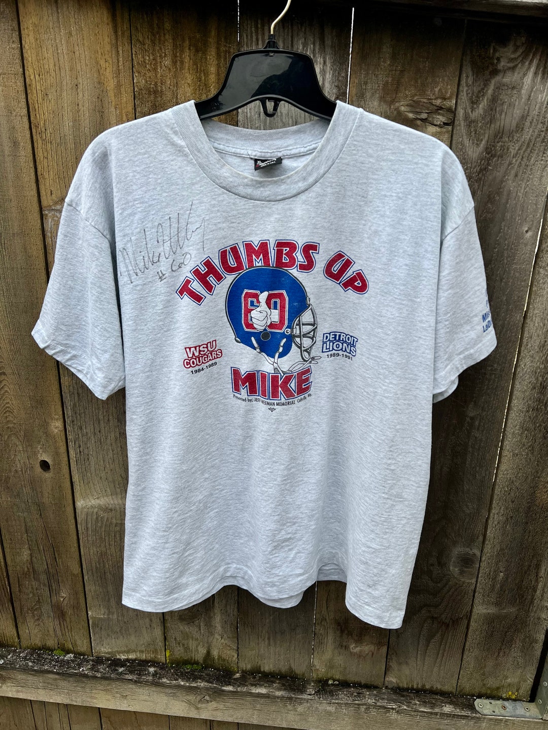 1992 Thumbs up Mike Shirt / Autographed NFL Football Detroit Lions Mike ...