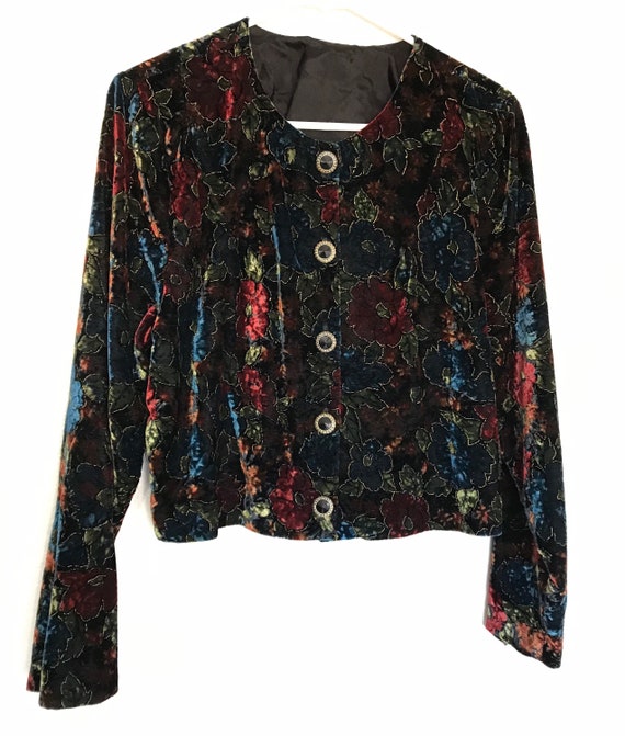 80s Evening Jacket Vintage VELVETEEN Floral Fancy Button up