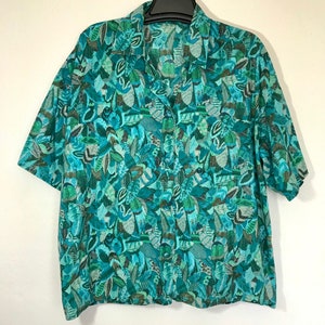 80s FEATHER Blouse / Vintage All Over Print Beach Pool Party Grandma Style Baggy Button Up Shirt Womens Size XL