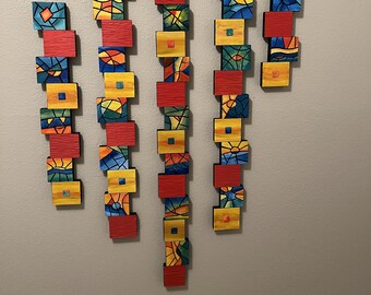 Colorful, Wall art totem, wood sculpture, stained glass motif, hand-carved, hand-painted, unique, originals
