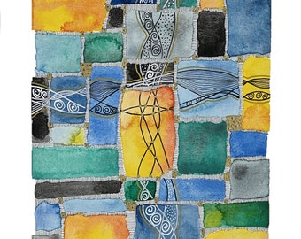 Dancing Cross, abstract, watercolor and ink, 11x14, limited edition print