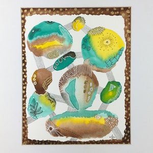 Rock, Paper, Scissors Abstract Watercolor, Original, gold ink highlights, 11x14 w/mat