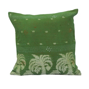 Green Kantha Pillow Cover, Green Vintage Kantha Pillow, Moss Green Kantha Pillow, Green Throw Pillow, Vintage Kantha Quilt Pillow