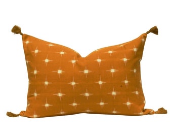 Handwoven Orange Ikat Lumbar Pillow Cover, Rust and White Tassel Throw Pillow