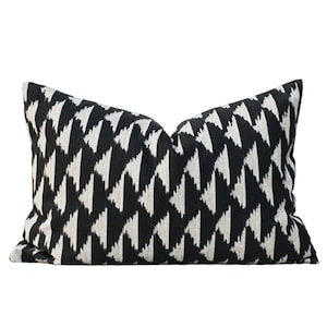 Black and White Cotton Pillow, Black Geometric Lumbar Pillow 14x20, Black and Off-White Ikat Throw Pillow, Modern Farmhouse Pillow Cover