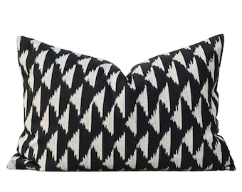 Black and White Cotton Pillow, Black Geometric Lumbar Pillow 14x20, Black and Off-White Ikat Throw Pillow, Modern Farmhouse Pillow Cover