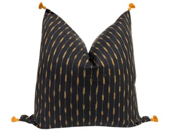 Black Geometric Ikat Cotton Pillow Cover, Yellow Mustard Tassels