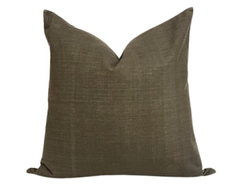 Woven Dark Olive Pillow Cover: Neutral Brown Cotton Throw Pillow
