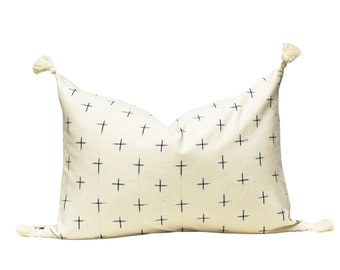 White Ikat Lumbar Pillow Cover, Neutral Cotton Farmhouse Pillow with Tassels