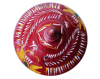 Vintage Red Lacquer Tika Box, Hand-Painted Indian Sindoor Pot