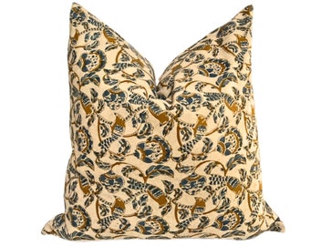 Mustard Floral Block Print Pillow Cover: Handwoven Ikat Cotton