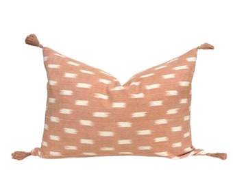 Handwoven Ikat Lumbar Pillow Cover: Blush & Off-White Tassel Decorative Pillow