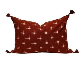 Burgundy Ikat Lumbar Pillow Cover, Maroon Woven Cotton Pillow with Tassels