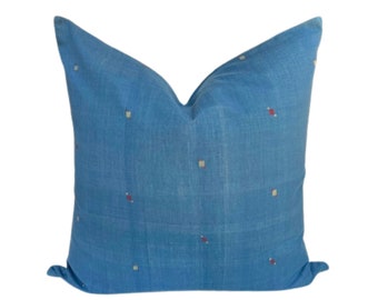 Blue Woven Cotton Pillow Cover: Indian Artisan Textile
