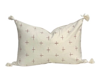 Handwoven Ikat Lumbar Pillow Cover: Cream & Blush Cotton Tassel Pillow