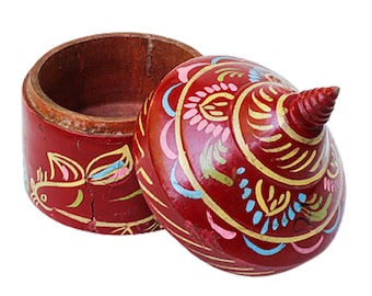 Vintage Red Lacquer Tika Box, Hand-Painted Indian Trinket Pot