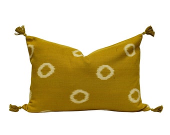 Mustard Yellow Ikat Lumbar Pillow Cover, Handwoven Indian Cotton
