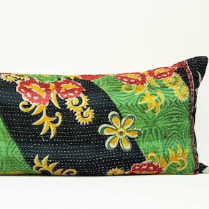 Green Kantha Pillow, Vintage Kantha Pillow Cover, Black Kantha Lumbar Pillow, Vintage Kantha Quilt Pillow, Vintage Lumbar Kantha Cushion