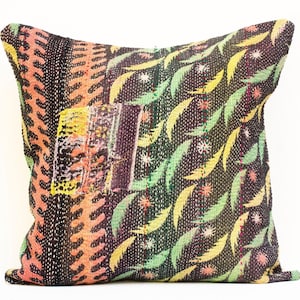 Black Kantha Pillow Cover, Black Kantha Cushion, Black and Red Pillow, Vintage Kantha Quilt Pillow, Black Throw Pillow Cover 18 x 18
