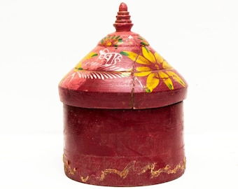 Vintage Red Lacquer Tikka Box, Hand-Painted Indian Folk Art
