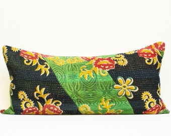 Green Floral Kantha Lumbar Pillow Cover, Vintage Quilt (12x24)