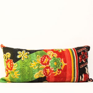 Green Kantha Pillow, Green Vintage Kantha Pillow Cover, Floral Kantha Lumbar Pillow, Green Lumbar Kantha Pillow, Vintage Kantha Quilt Pillow