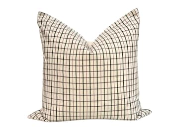 Handwoven Plaid Pillow Cover: White & Green Check, Neutral 20x20 Accent Cushion