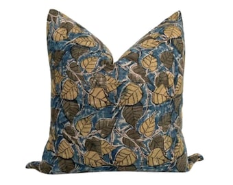 Blue Floral Block Print Pillow Cover: Indian Artisan Textile