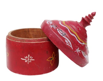 Vintage Red Lacquer Tika Box: Hand-Carved Indian Wood Jewelry Box