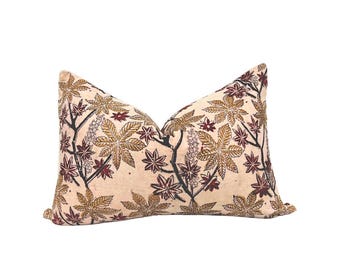 Floral Block Printed Lumbar Pillow Cover: Beige Red Floral Cushion