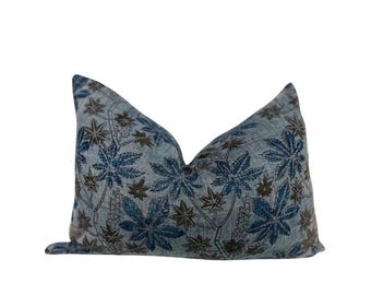 Blue Floral Block Print Pillow Cover: Indigo Tan Lumbar Cushion