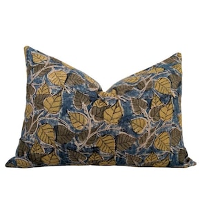 Blue Block Print Pillow Cover, Yellow Floral Pillow Case, Designer Green Pillow, Blue and Yellow Block Printed Pillow, Green Floral Pillow