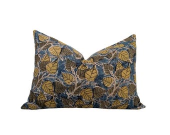 Blue Floral Block Print Pillow Cover: Yellow Artisan Textile