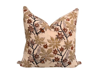 Hand Block Print Pillow Cover: Beige Red Floral, Indian Cotton