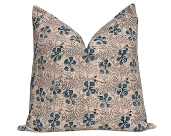 Blue Floral Block Print Pillow Cover, Indian Textile Throw Pillow