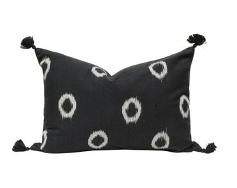 Black and White Ikat Lumbar Pillow Cover with Tassels